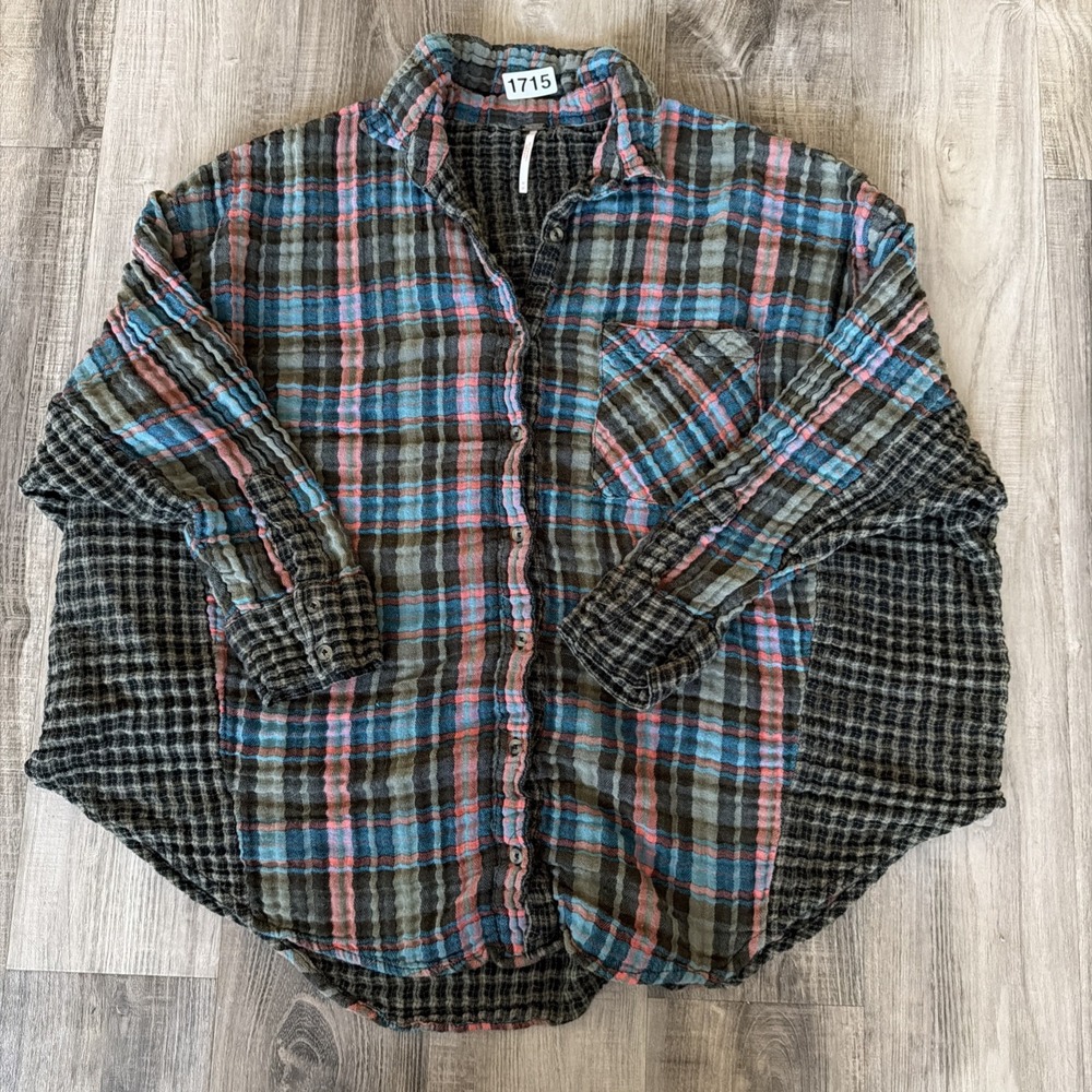 Free People Plaid Button-Front Flannel Multicolor Oversized Boho Tunic Plush L